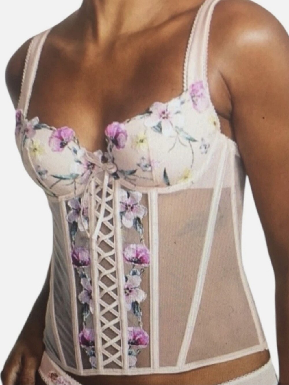 NWOT Victoria's Secret Light Pink Mesh Floral Embroidery Lingerie Corset Top. M.